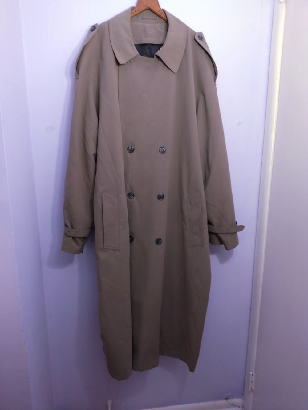 Men's Trench Raincoat 48 Reg Double Breasted Belted Microsuede Taupe Gray READ